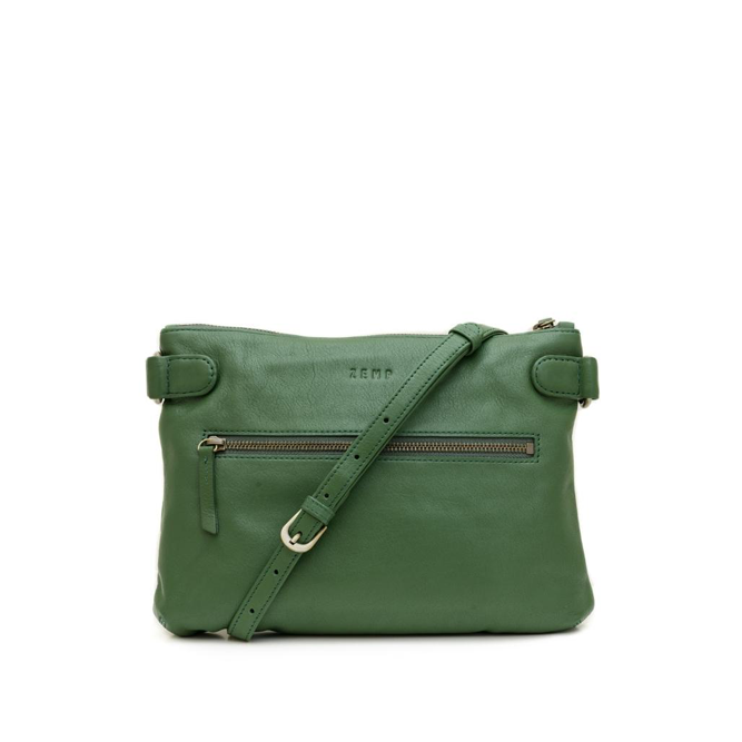 Green leather handbag with a strap on a white background
