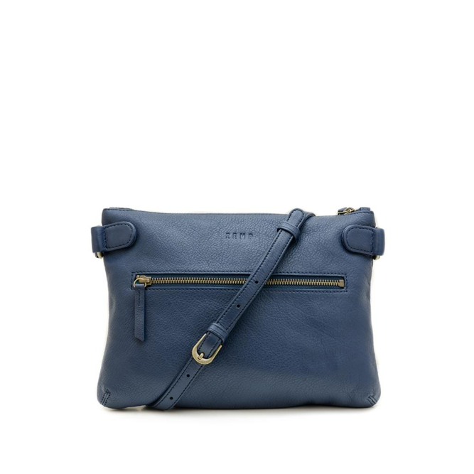 Blue handbag with a strap on a white background