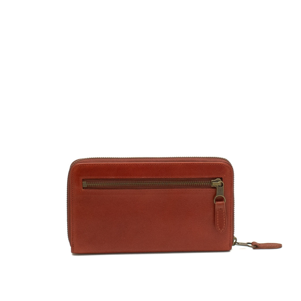 Brown leather wallet with a gold zipper on a white background