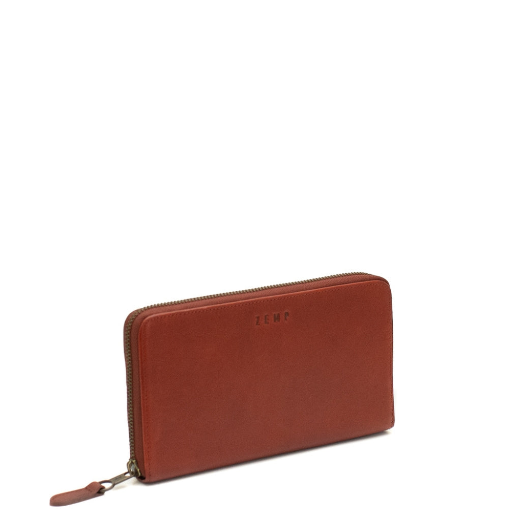 Brown leather wallet with a zipper on a white background