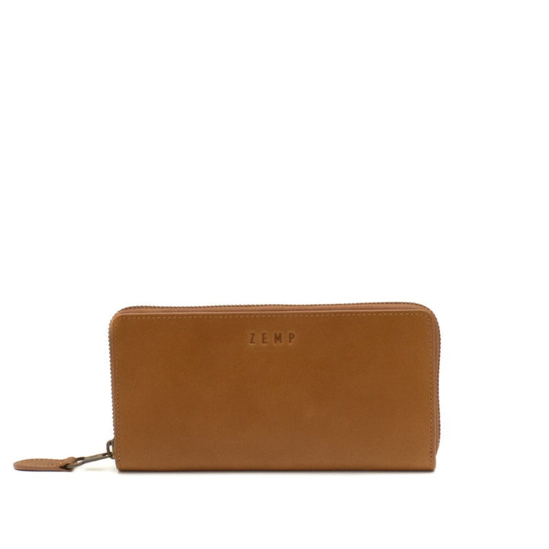 Brown leather wallet with 'ZEMP' branding on a white background
