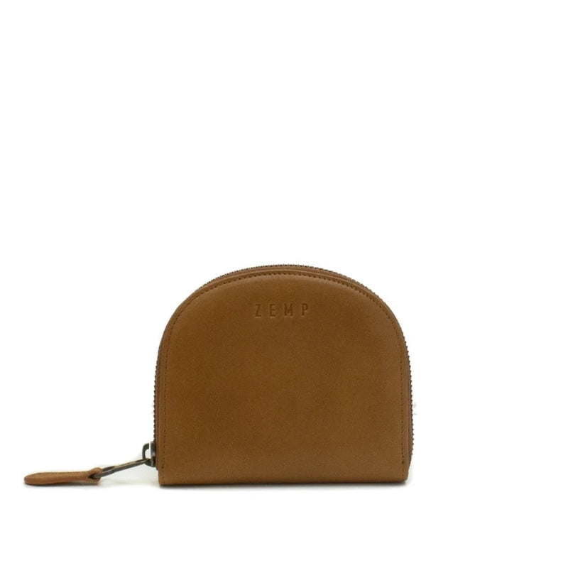 Brown leather wallet with 'ZEMP' branding on a white background