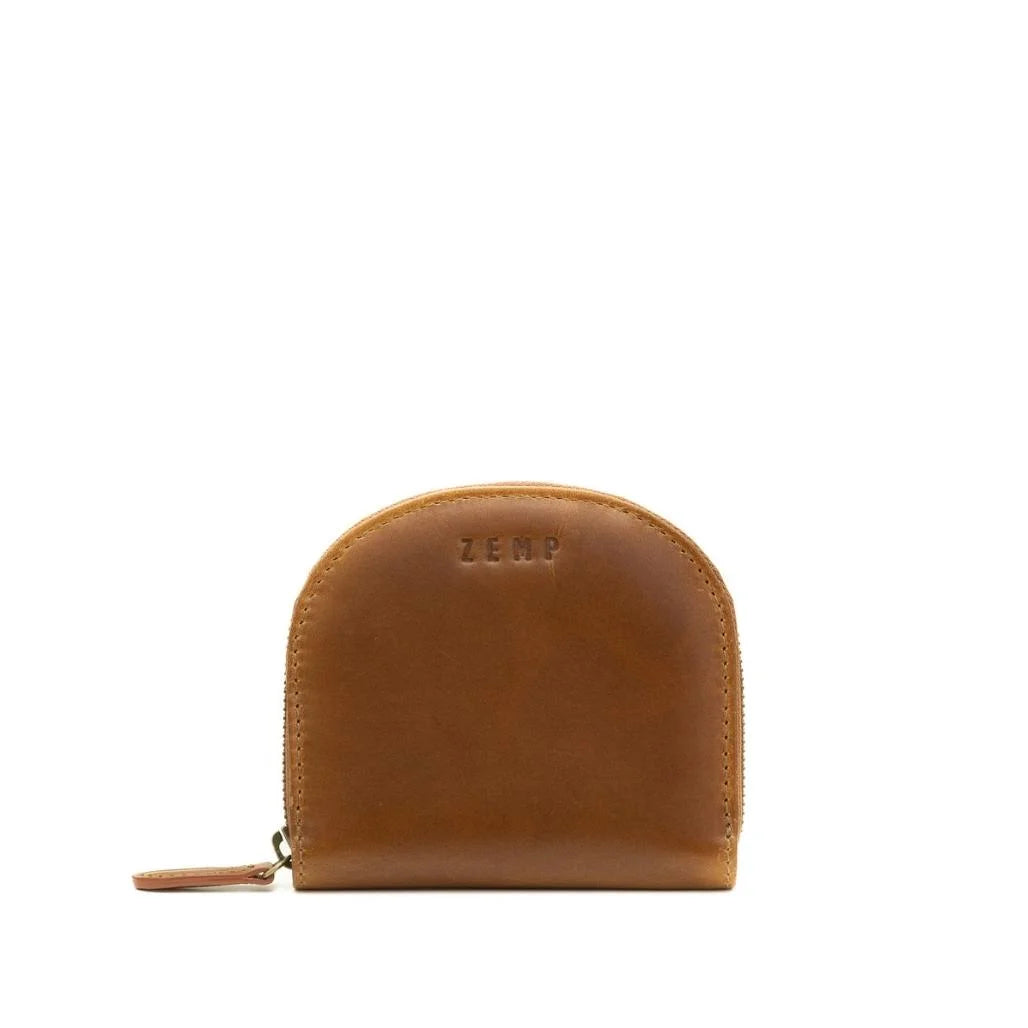 Brown leather wallet with 'Zemp' branding on a white background