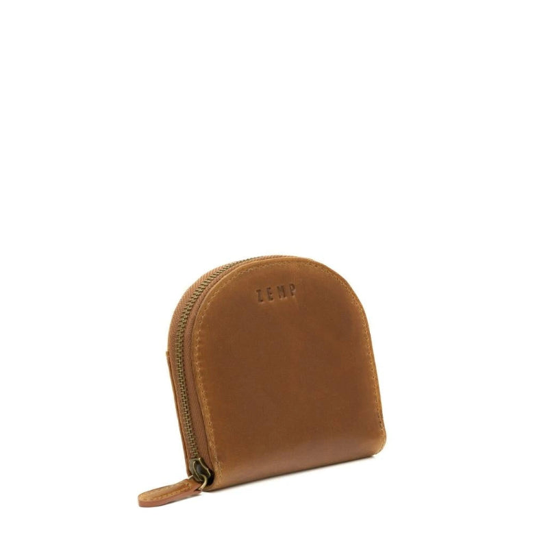 Brown leather zippered pouch on a white background