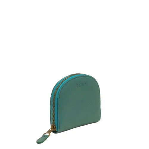 Teal coin purse with gold zipper on a white background
