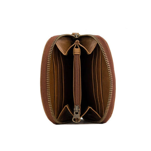 Brown leather wallet with a zipper on a white background