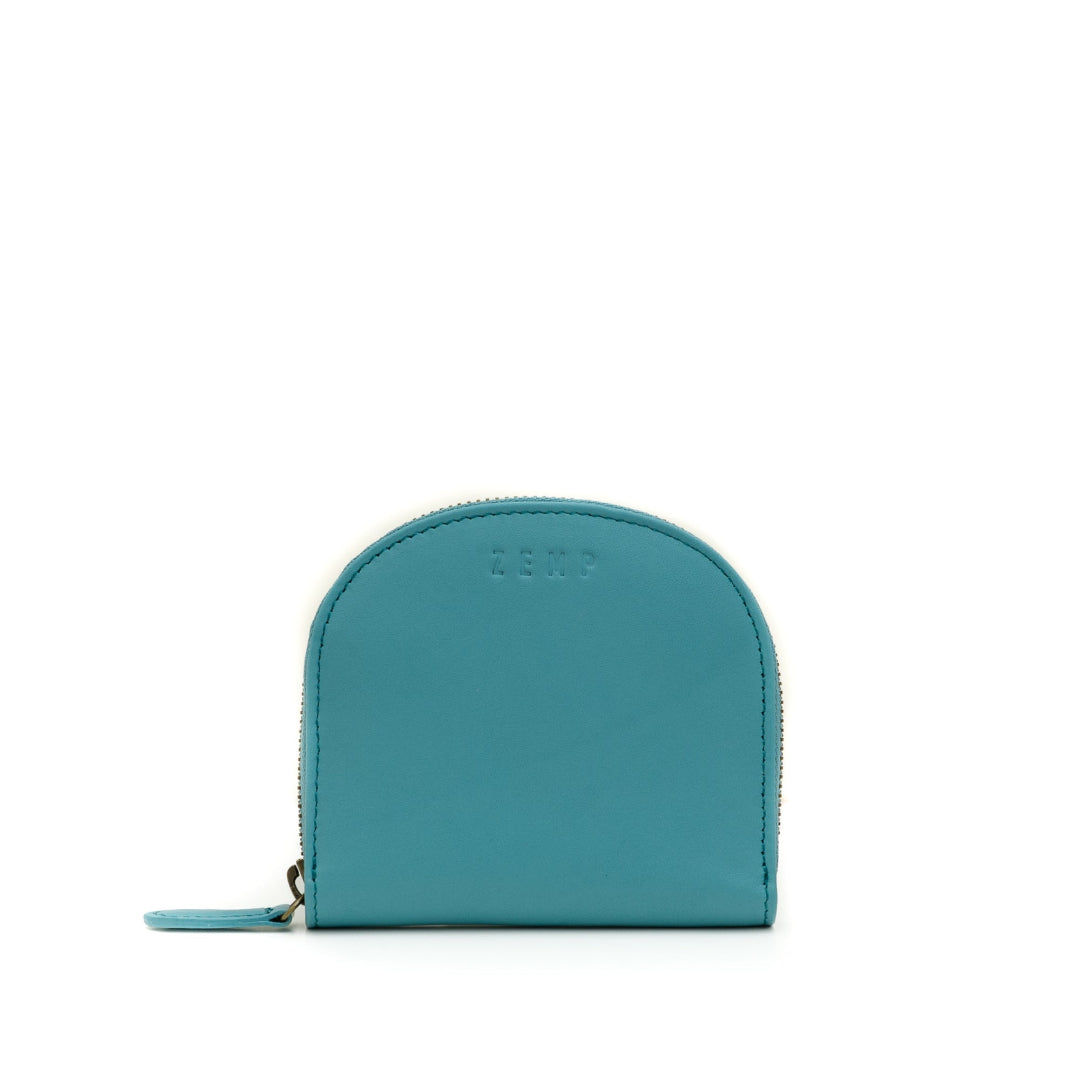 Teal wallet with 'zemp' branding on a white background