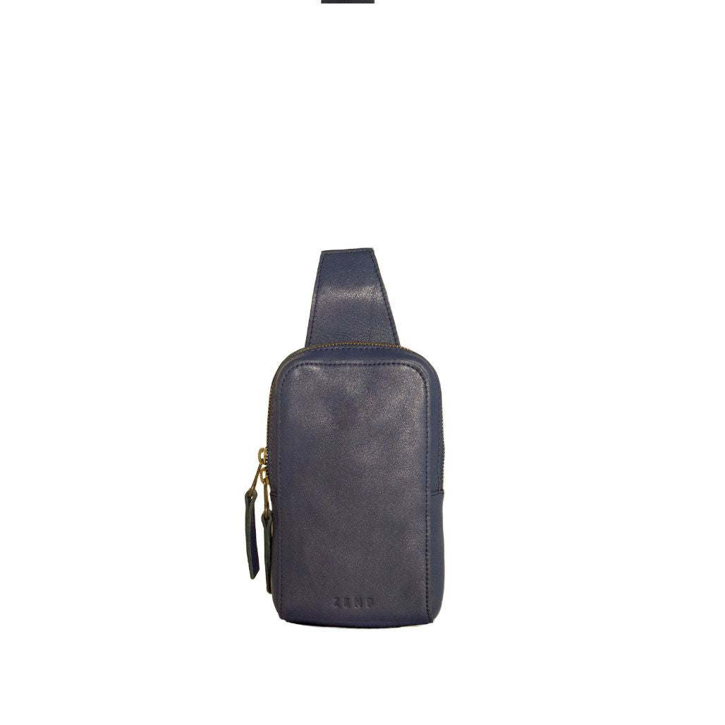 Navy blue leather crossbody bag on a white background