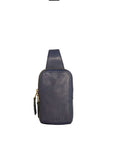 Navy blue leather crossbody bag on a white background