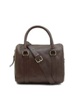 Brown leather duffel bag with a strap on a white background