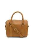 Tan leather handbag with a shoulder strap on a white background