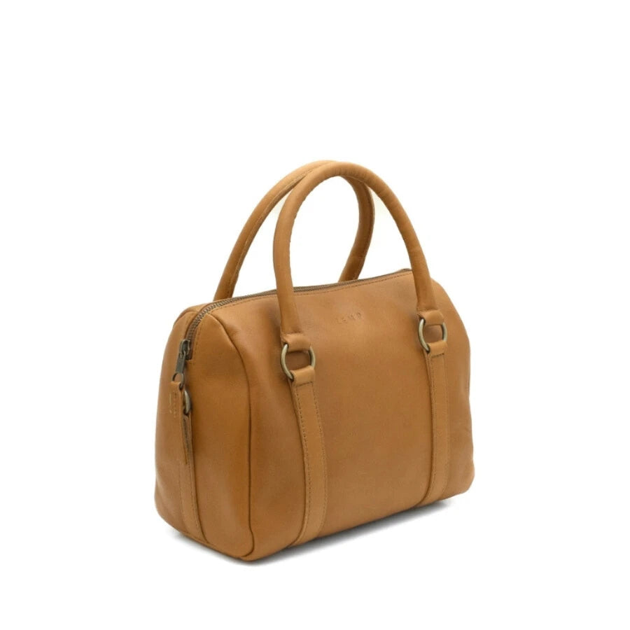 Tan leather handbag on a white background
