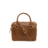 Brown leather duffel bag with a shoulder strap on a white background