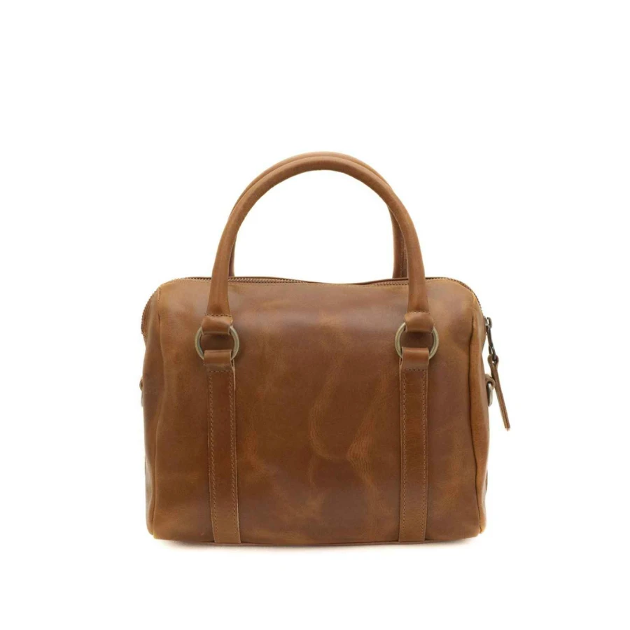 Brown leather handbag on a white background