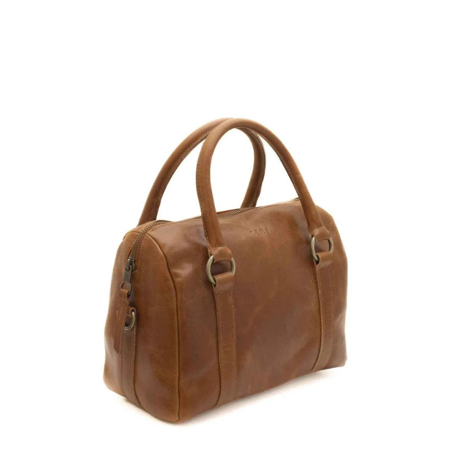 Brown leather handbag on a white background
