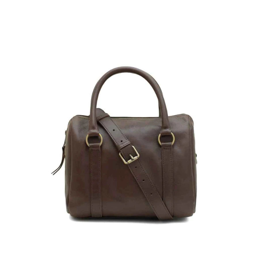 Brown leather duffel bag with a strap on a white background