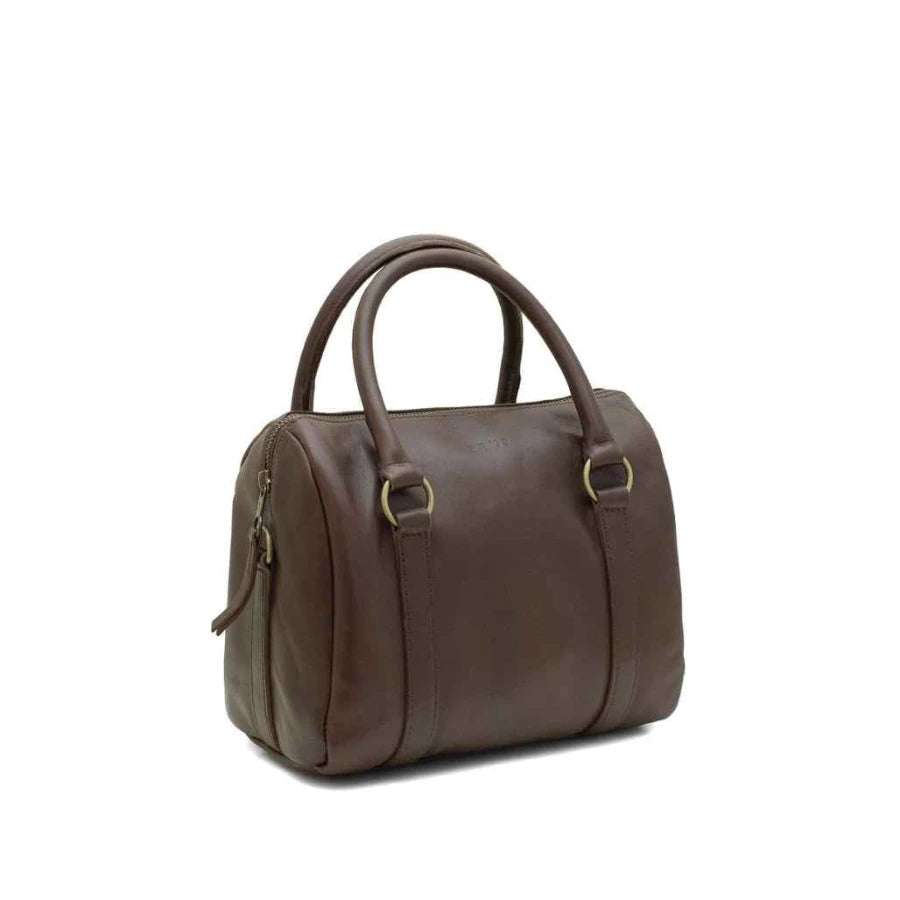 Brown leather handbag on a white background