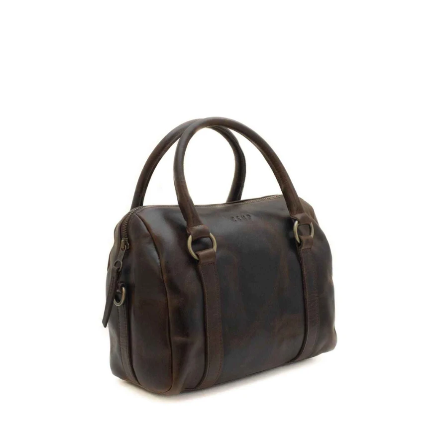 Brown leather handbag on a white background