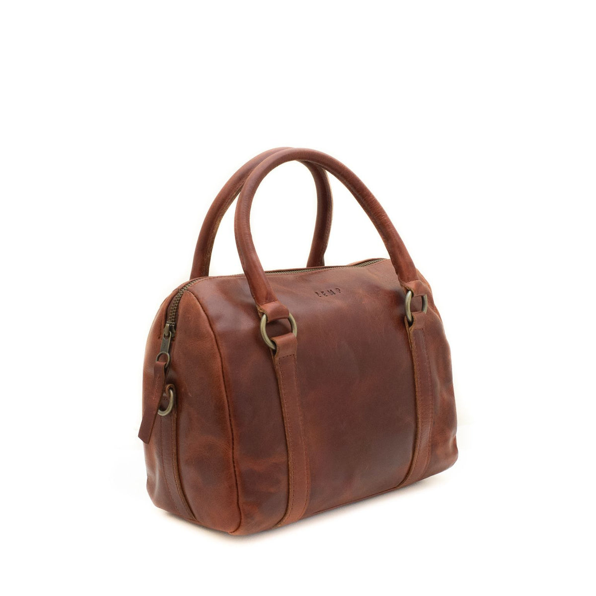 Brown leather handbag on a white background