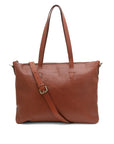 Brown leather tote bag with a shoulder strap on a white background
