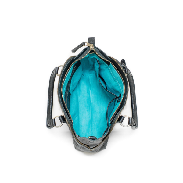 Open black handbag with teal interior on a white background