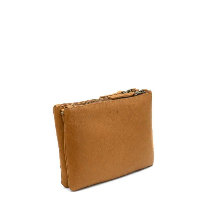 Brown leather pouch with a zipper on a white background