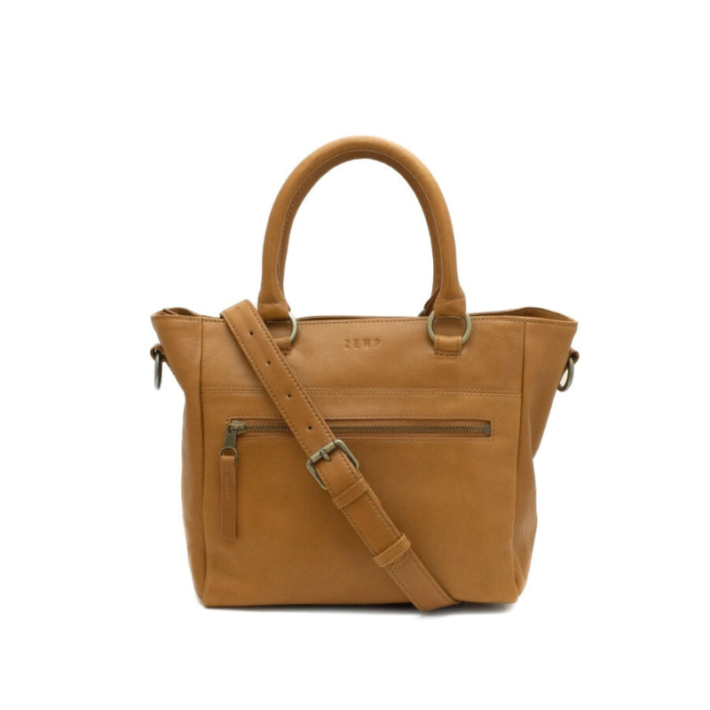 Brown leather handbag with a shoulder strap on a white background