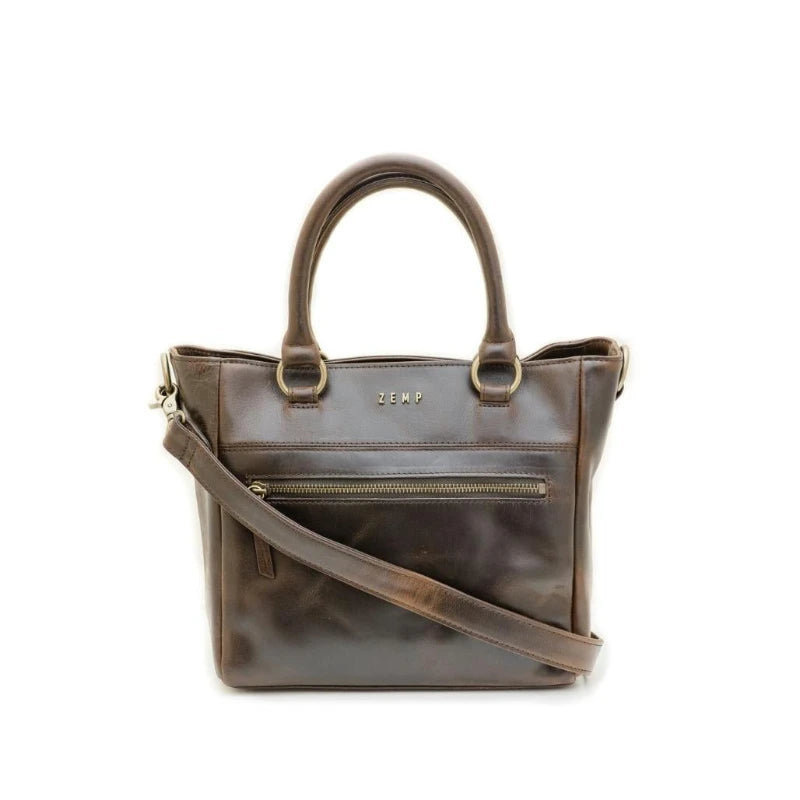 Brown leather handbag with a shoulder strap on a white background
