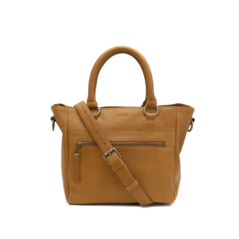 Brown leather handbag with a shoulder strap on a white background