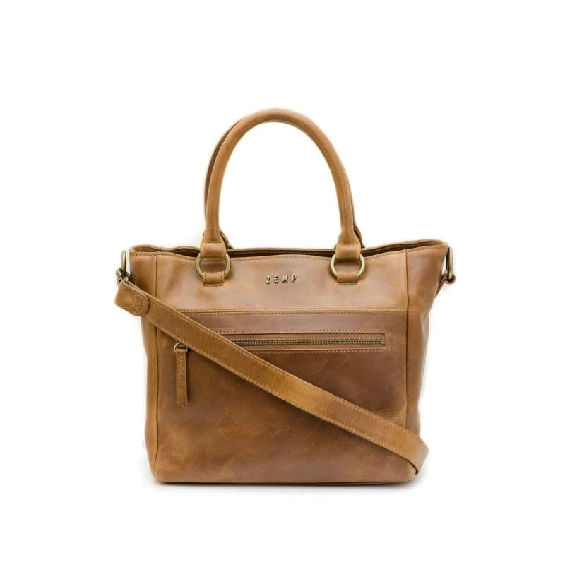 Brown leather handbag with a shoulder strap on a white background