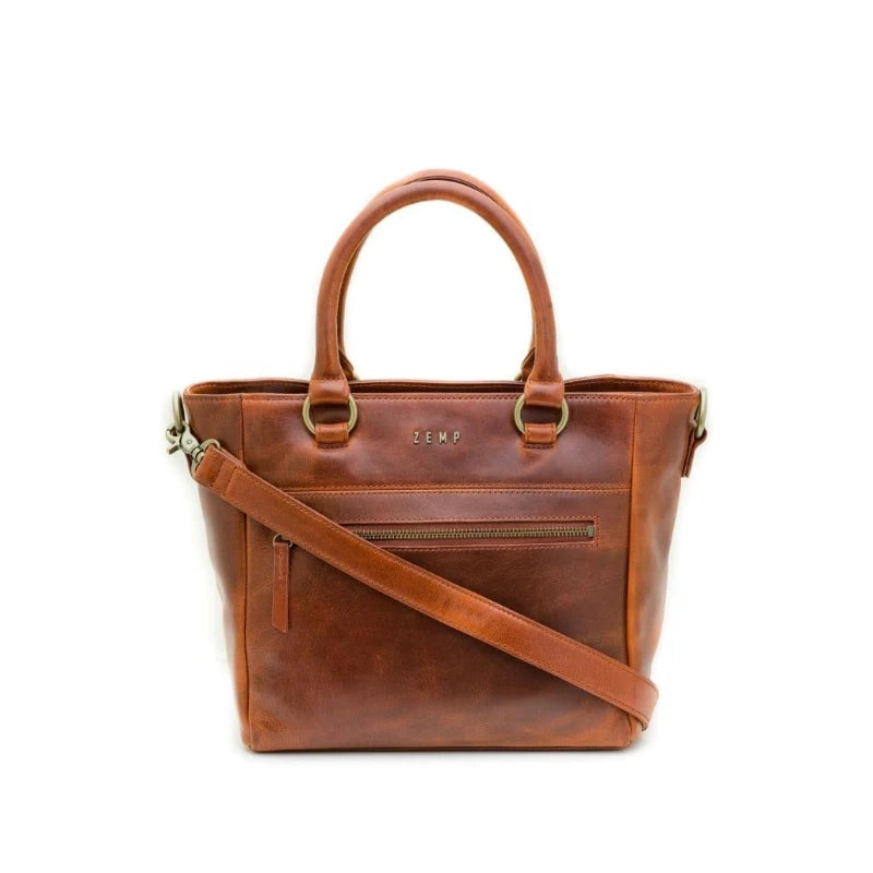 Brown leather handbag with a shoulder strap on a white background