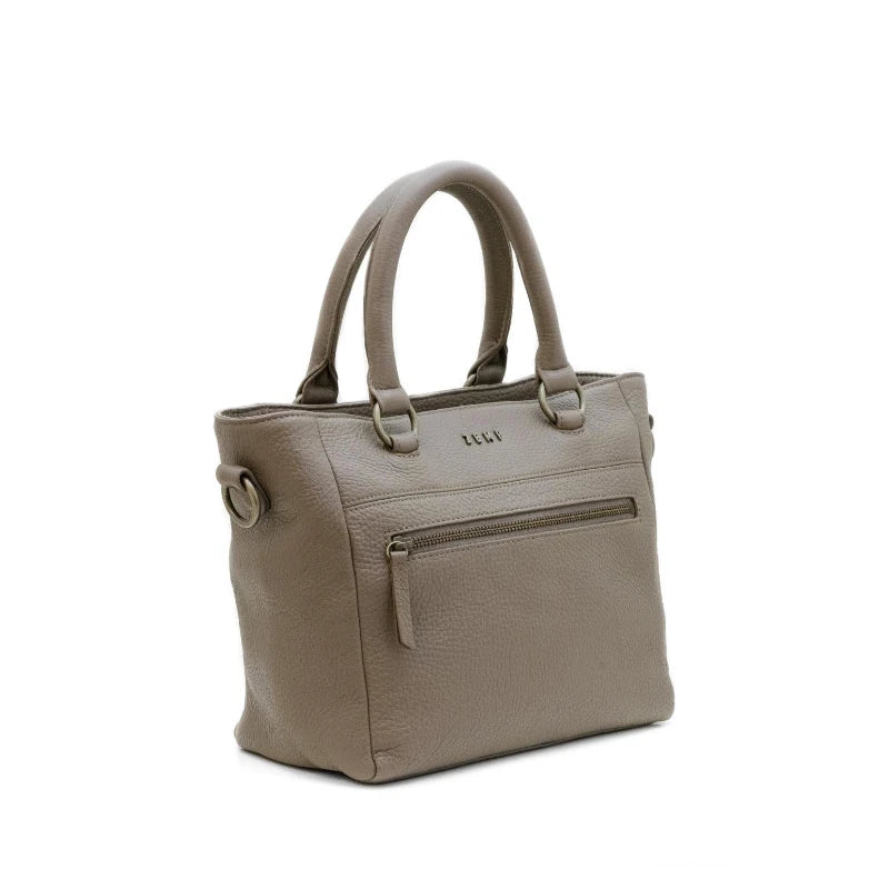 Beige handbag with a visible brand logo on a white background