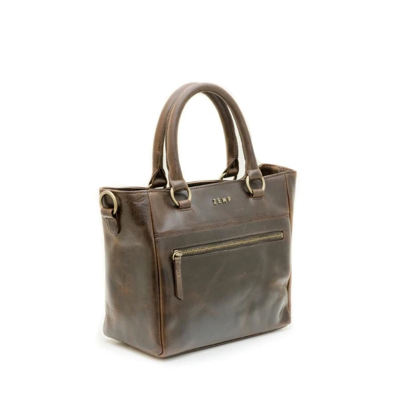 Brown leather handbag with a visible brand logo on a white background