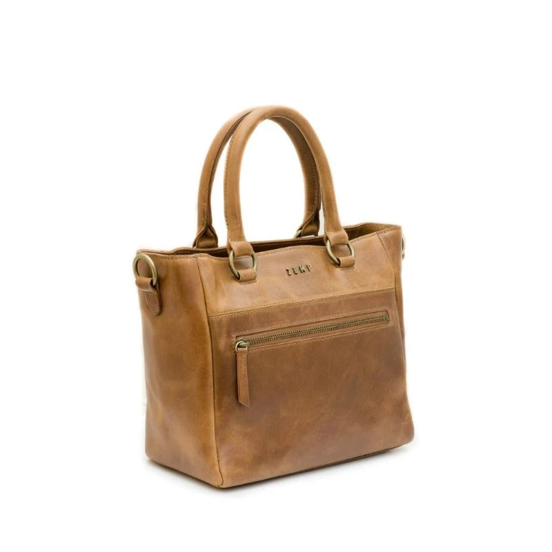 Brown leather handbag with visible brand name on a white background