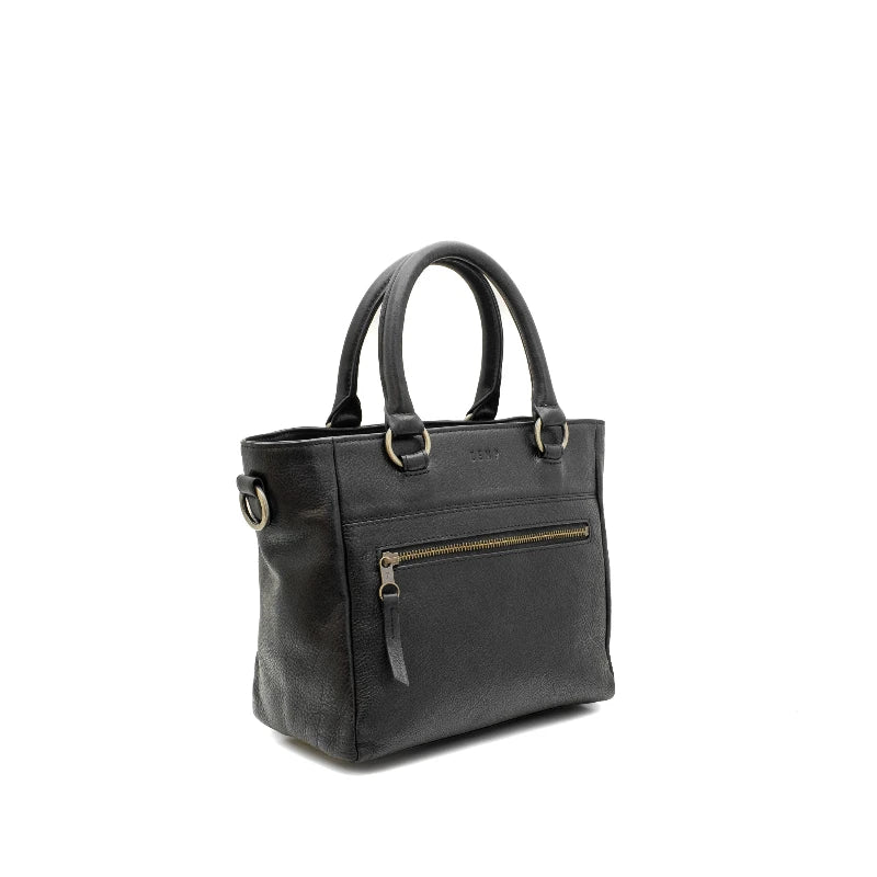 Black handbag with gold zipper on a white background