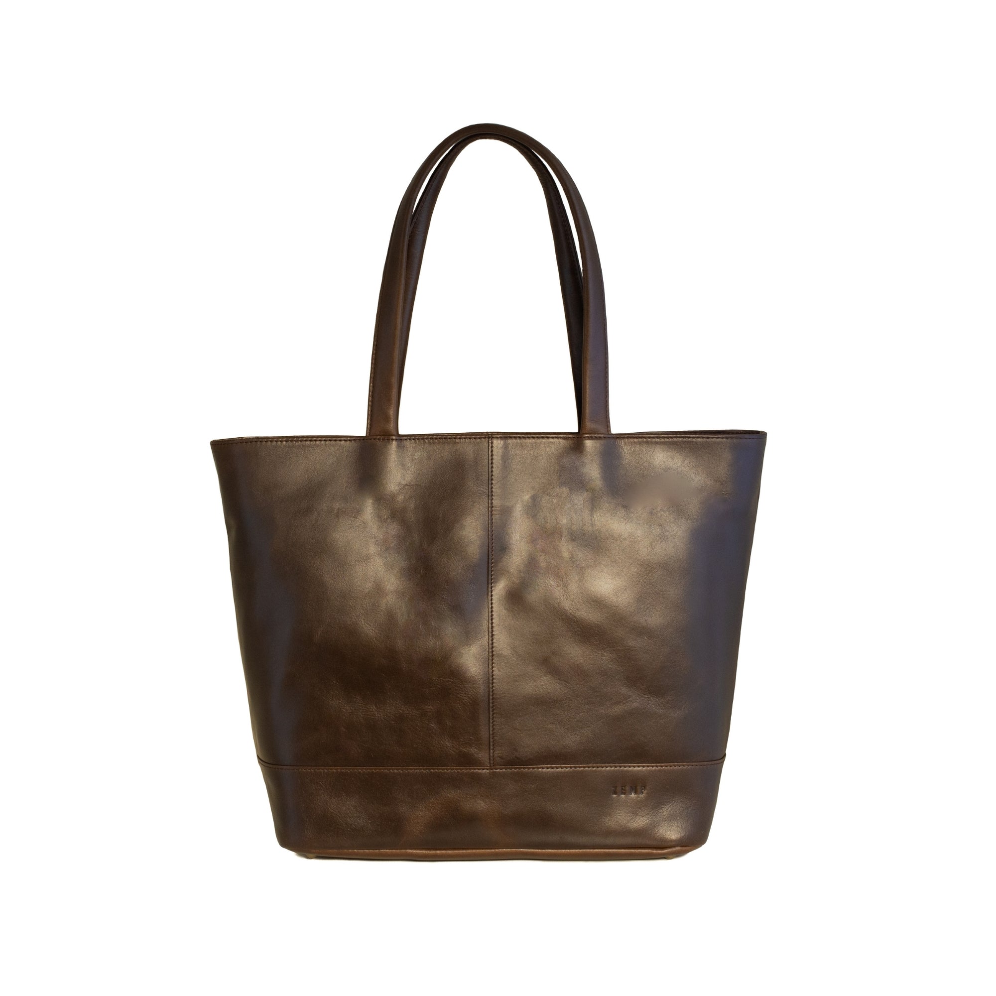Brown leather tote bag on a white background