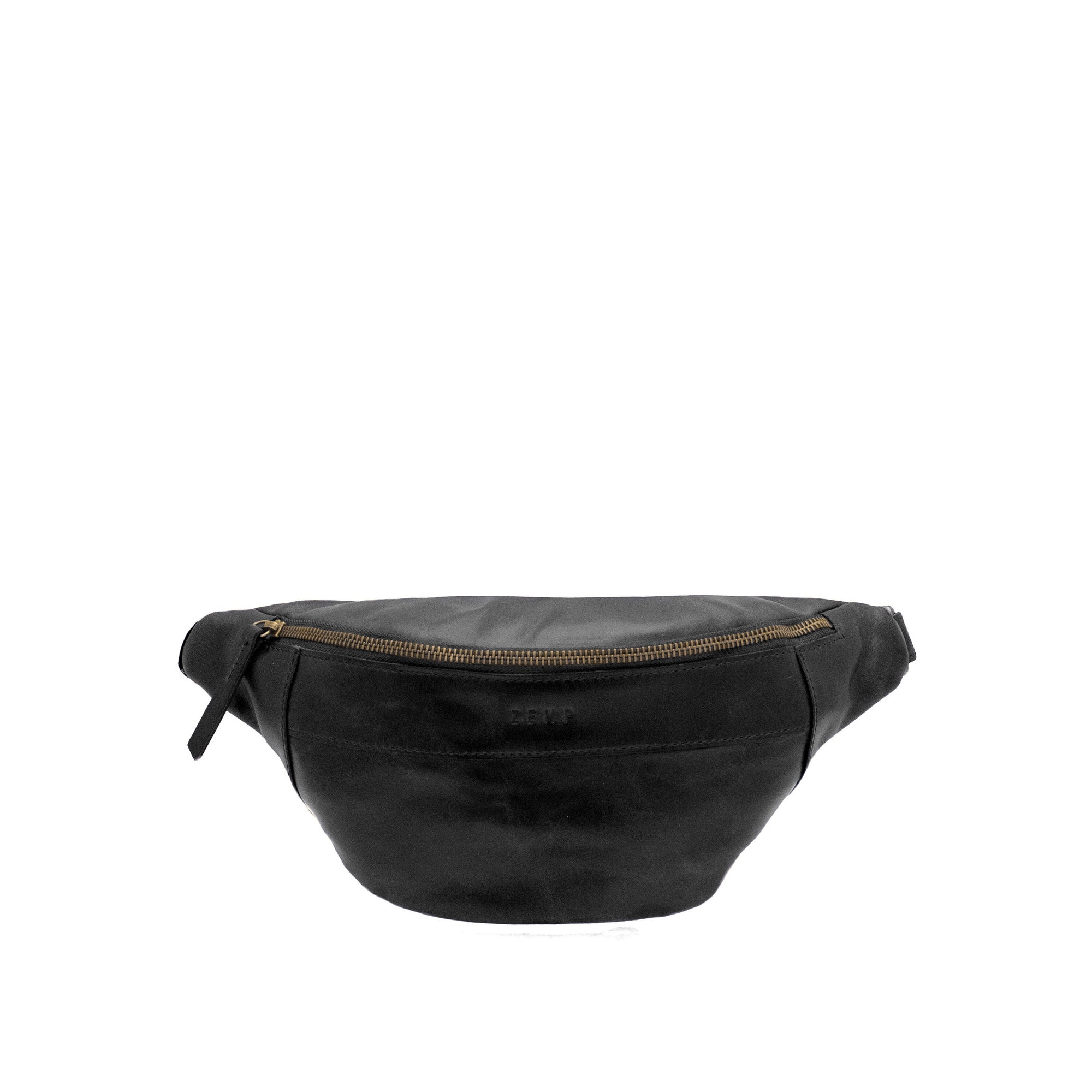 Black waist bag with a gold zipper on a white background