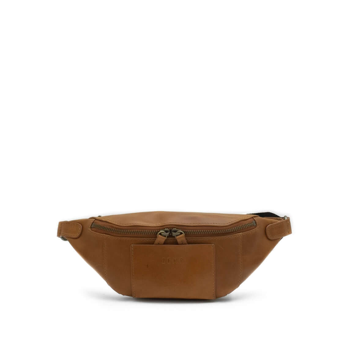 Brown leather waist bag on a white background