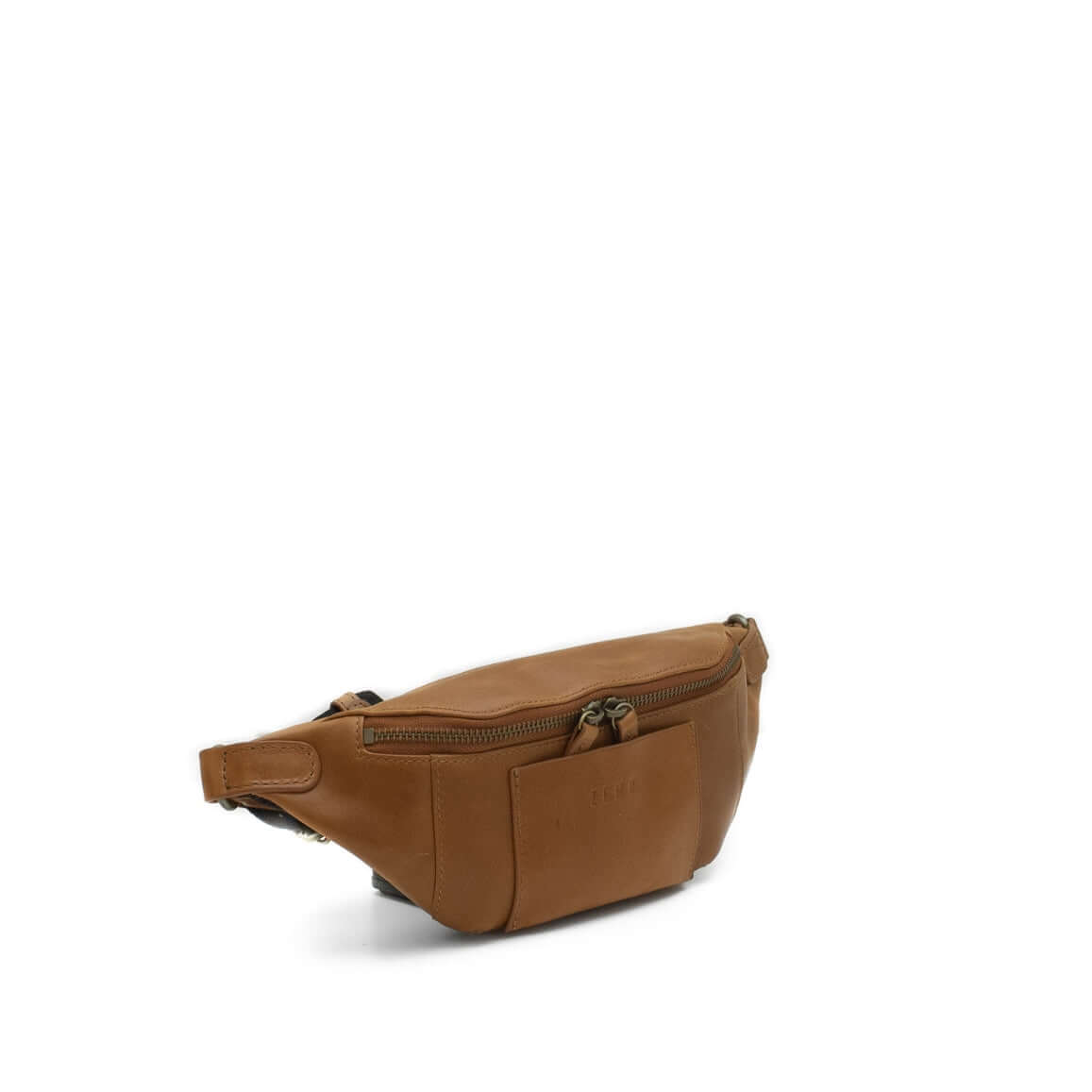 Brown leather waist bag on a white background