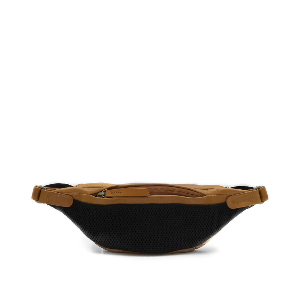Brown and black waist bag on a white background