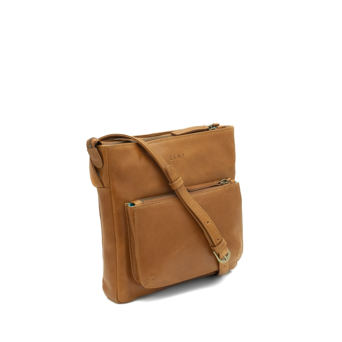 Brown leather crossbody bag on a white background
