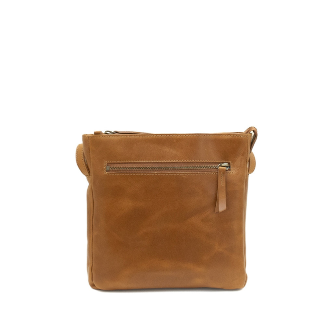Brown leather crossbody bag on a white background