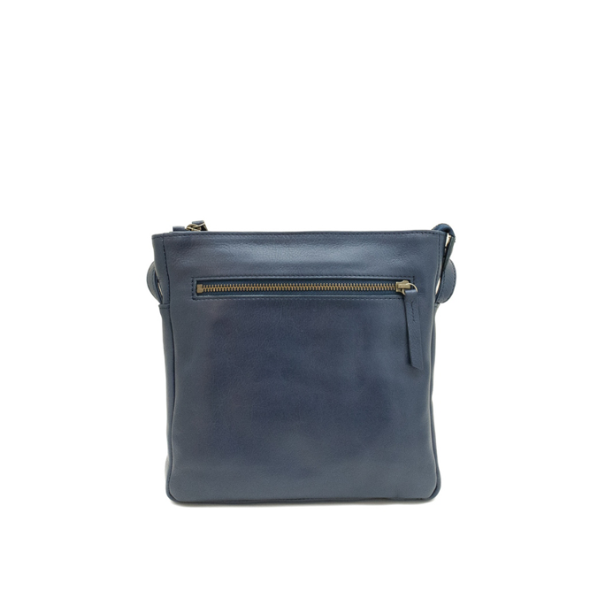 Blue leather crossbody bag on a white background