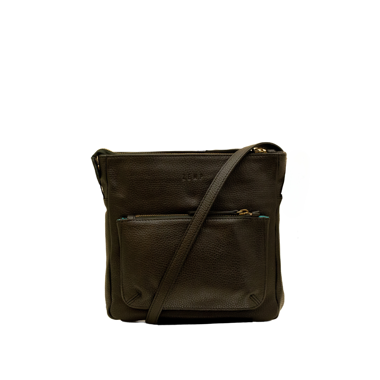 Dark brown leather crossbody bag on a white background