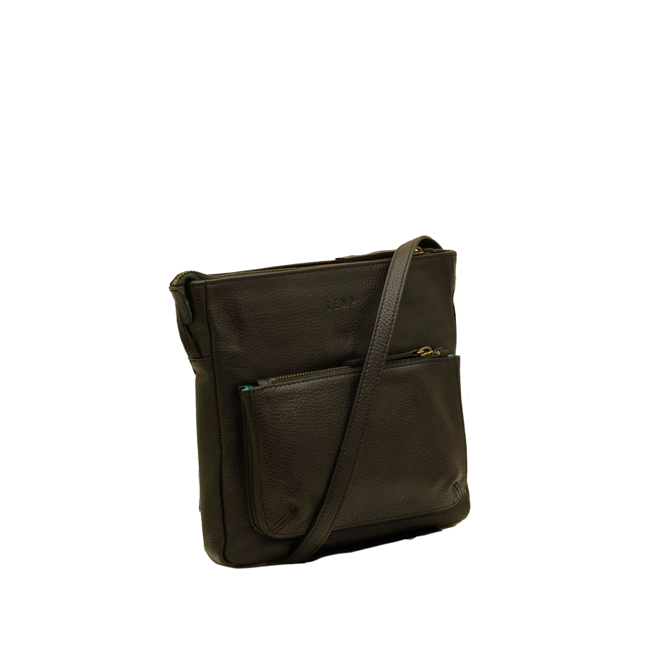 Black leather crossbody bag on a white background