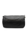 Black duffel bag with a gold zipper on a white background
