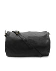 Black duffel bag with a strap on a white background