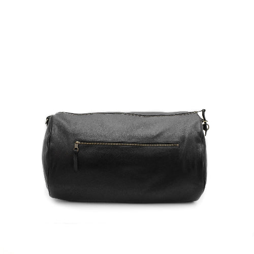 Black duffel bag with a gold zipper on a white background