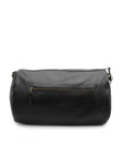 Black duffel bag with a gold zipper on a white background