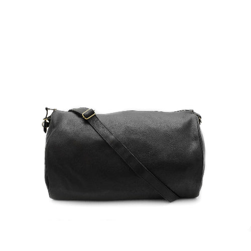 Black duffel bag with a strap on a white background